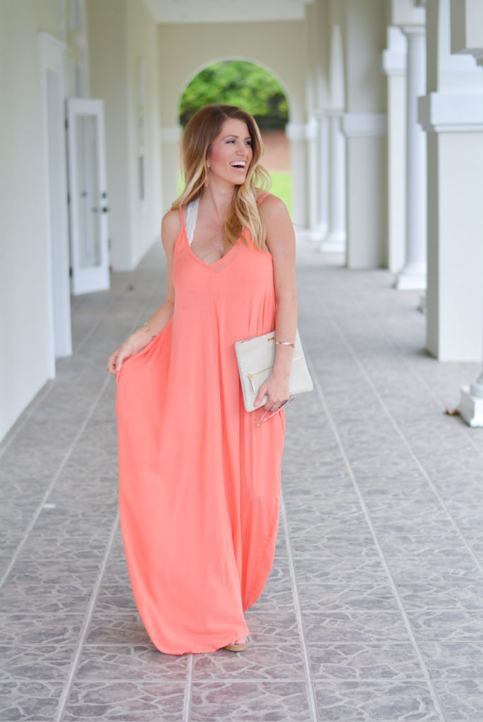 Coral Maxi Dress | Lipstick Heels and a Baby