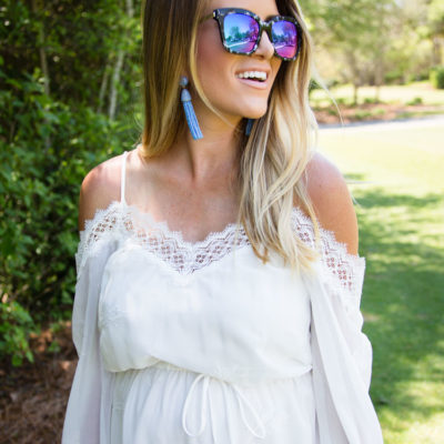 White Cold Shoulder Dress + Pops of Blue