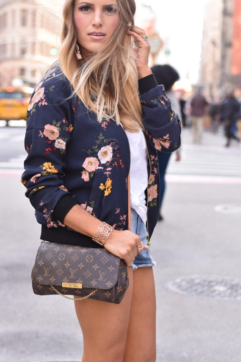 Floral bomber with booties and LV cross body